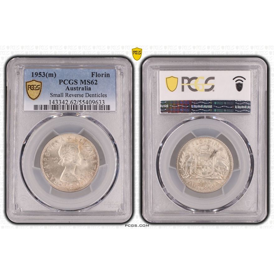Elizabeth II, Small Reverse Denticles, Florin, 1953(m), PCGS MS62