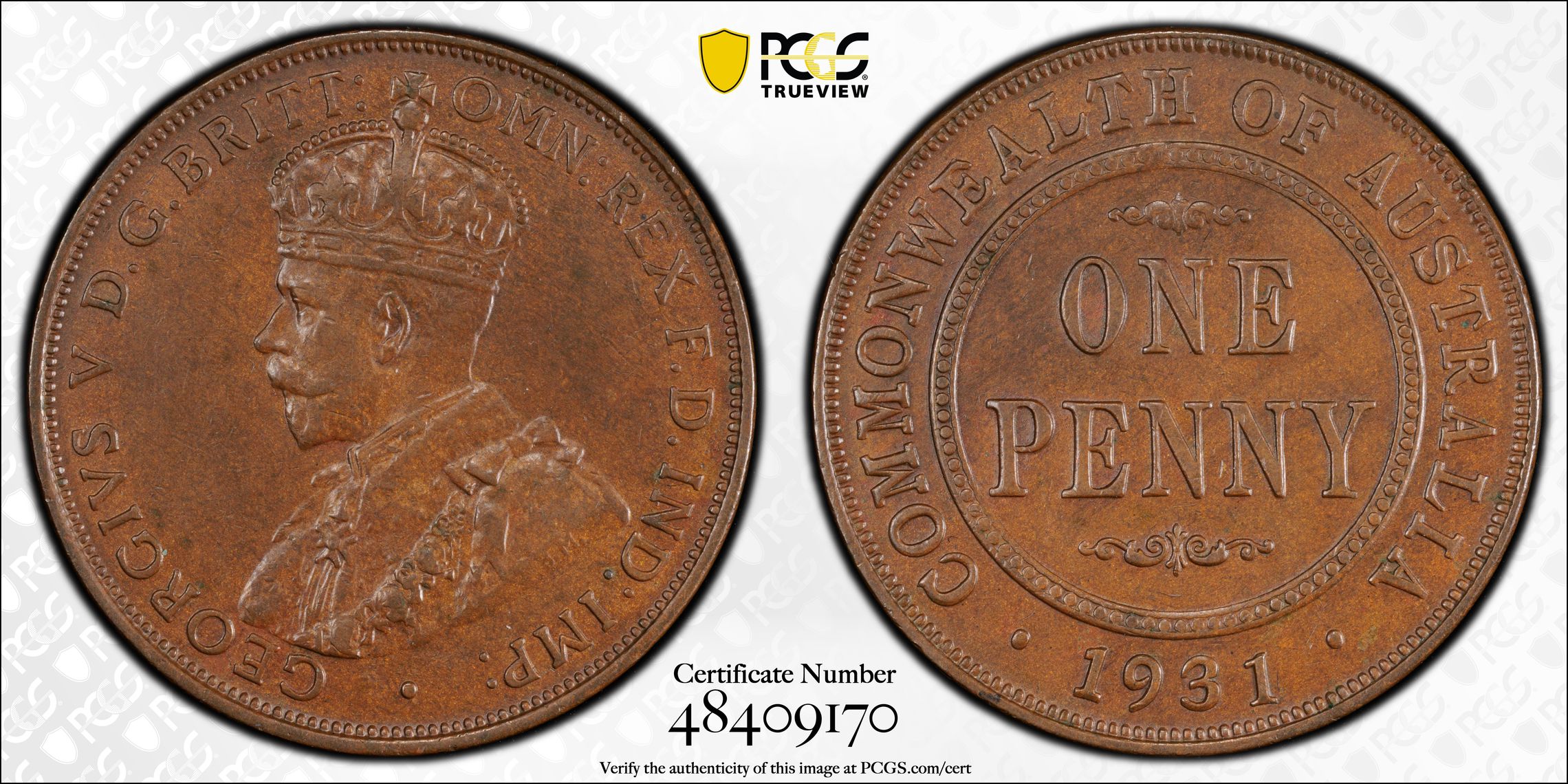 George V, English obverse, Dropped 1, Penny, 1931, PCGS AU58BN