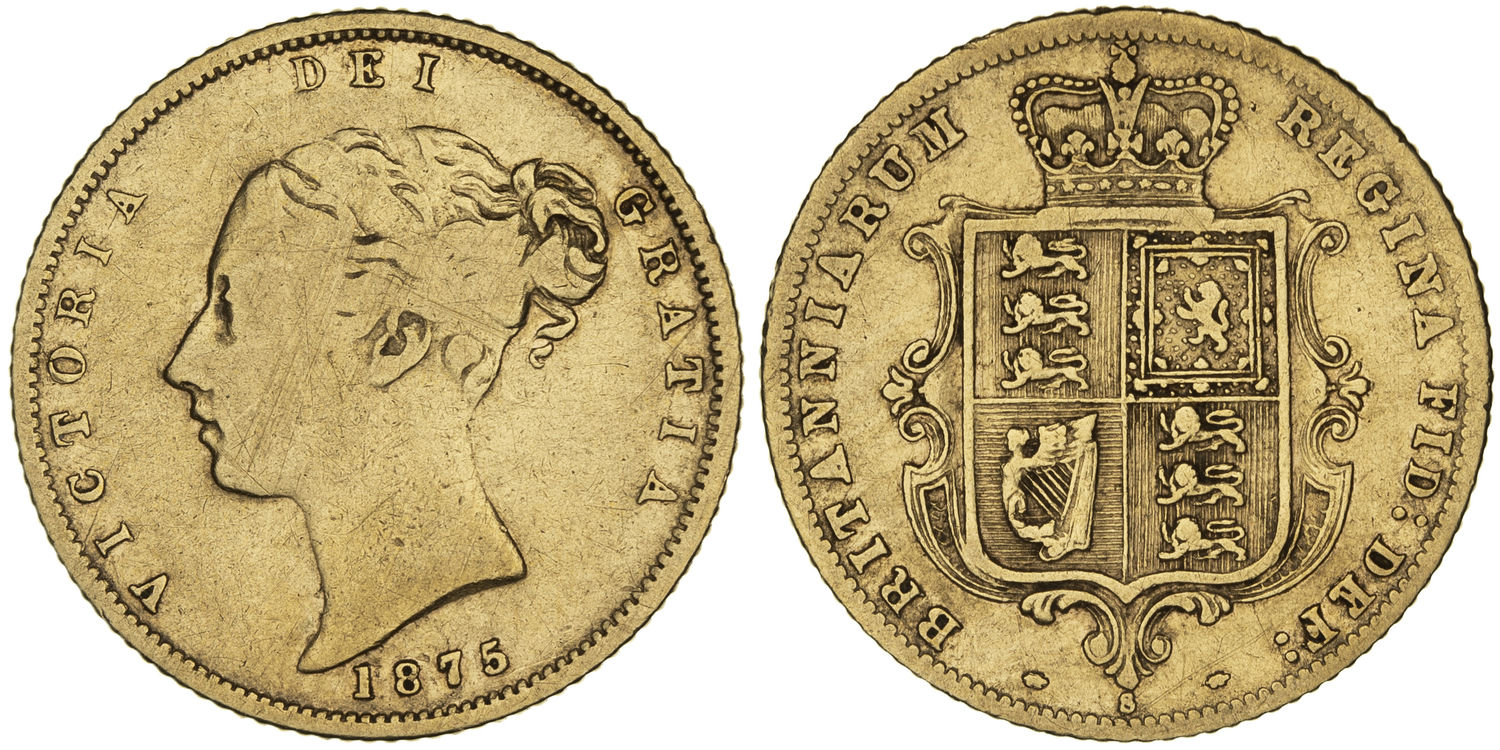 Victoria, Shield Reverse, Half Sovereign, 1875-S, aVG
