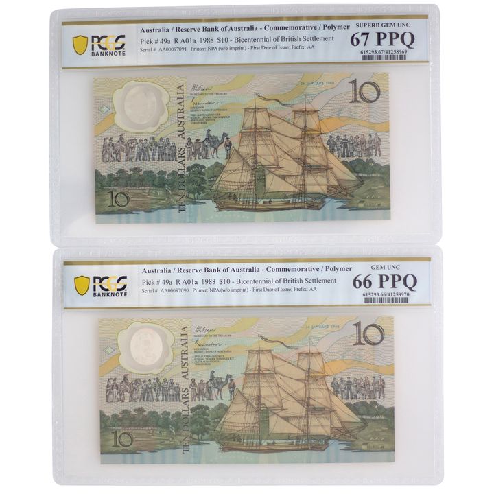 Consecutive Pair, Johnston/Fraser, Ten Dollars, 1988, 66 & 67 PPQ