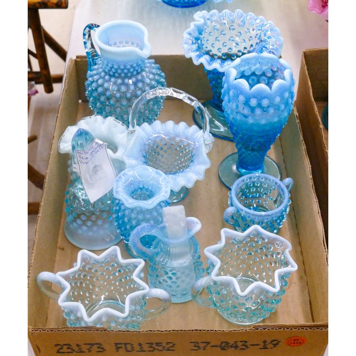 Box 10pc Fenton Blue Hobnail Glass