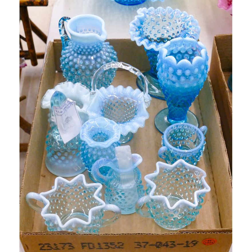 Box 10pc Fenton Blue Hobnail Glass