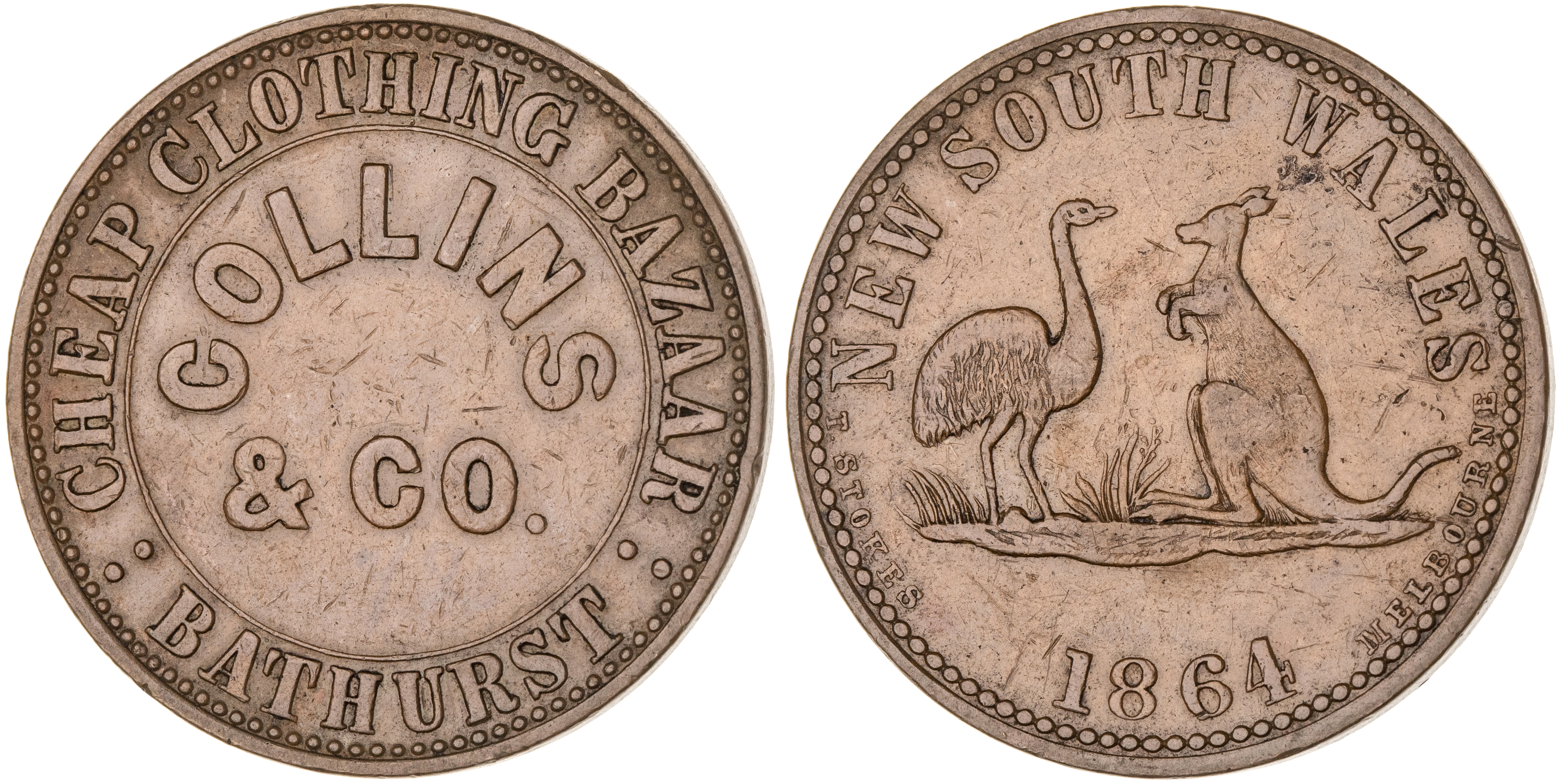 Bathurst, New South Wales, Collins & Co., Penny, 1864, gVF