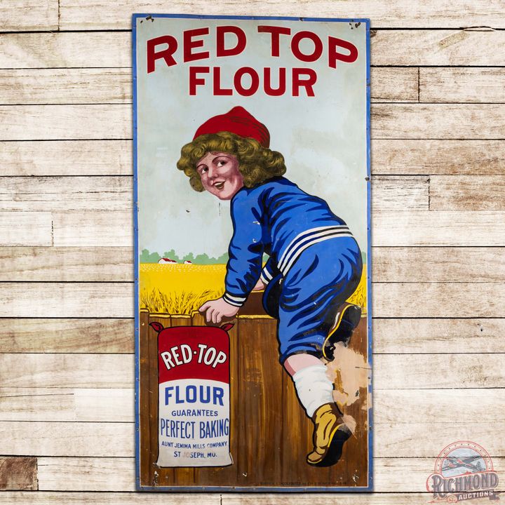 Rare Red Top Flour 8' SS Porcelain Sign Aunt Jemima Mills Co. St Joseph MO
