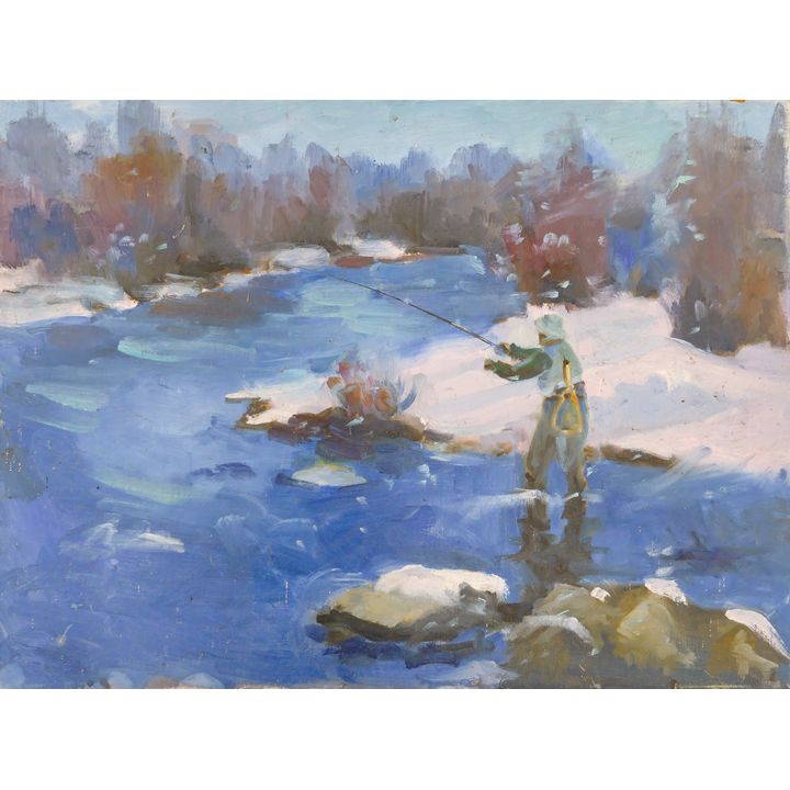 Gene Amondson ''Fly Fishing in Winter'' Oil on Canvas 18''x24'' - Unsigned