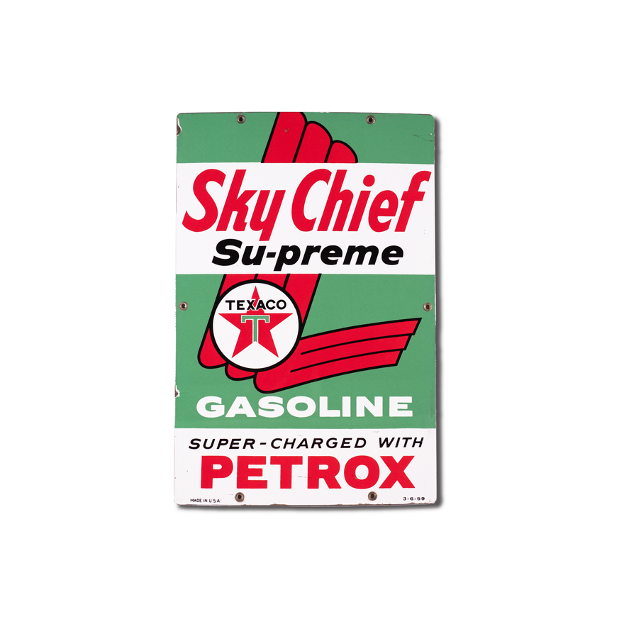 Texaco White-T Sky Chief Supreme w/ Petrox Single Sided Porcelain Sign TAC 9