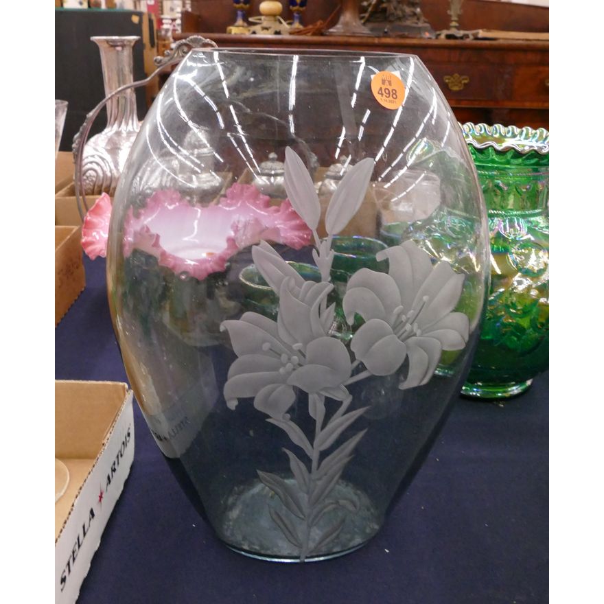 Acid Cut Blue Floral Vase- 12''