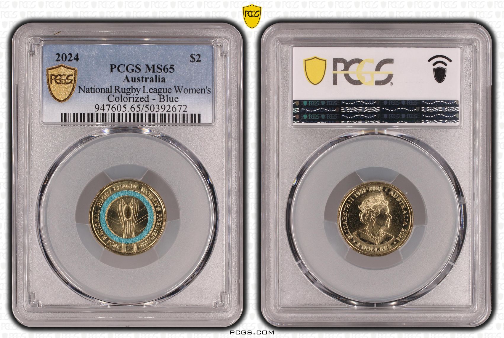 Elizabeth II, National Rugby League Women's Colorized - Blue , Two Dollar, 2024, PCGS MS65
