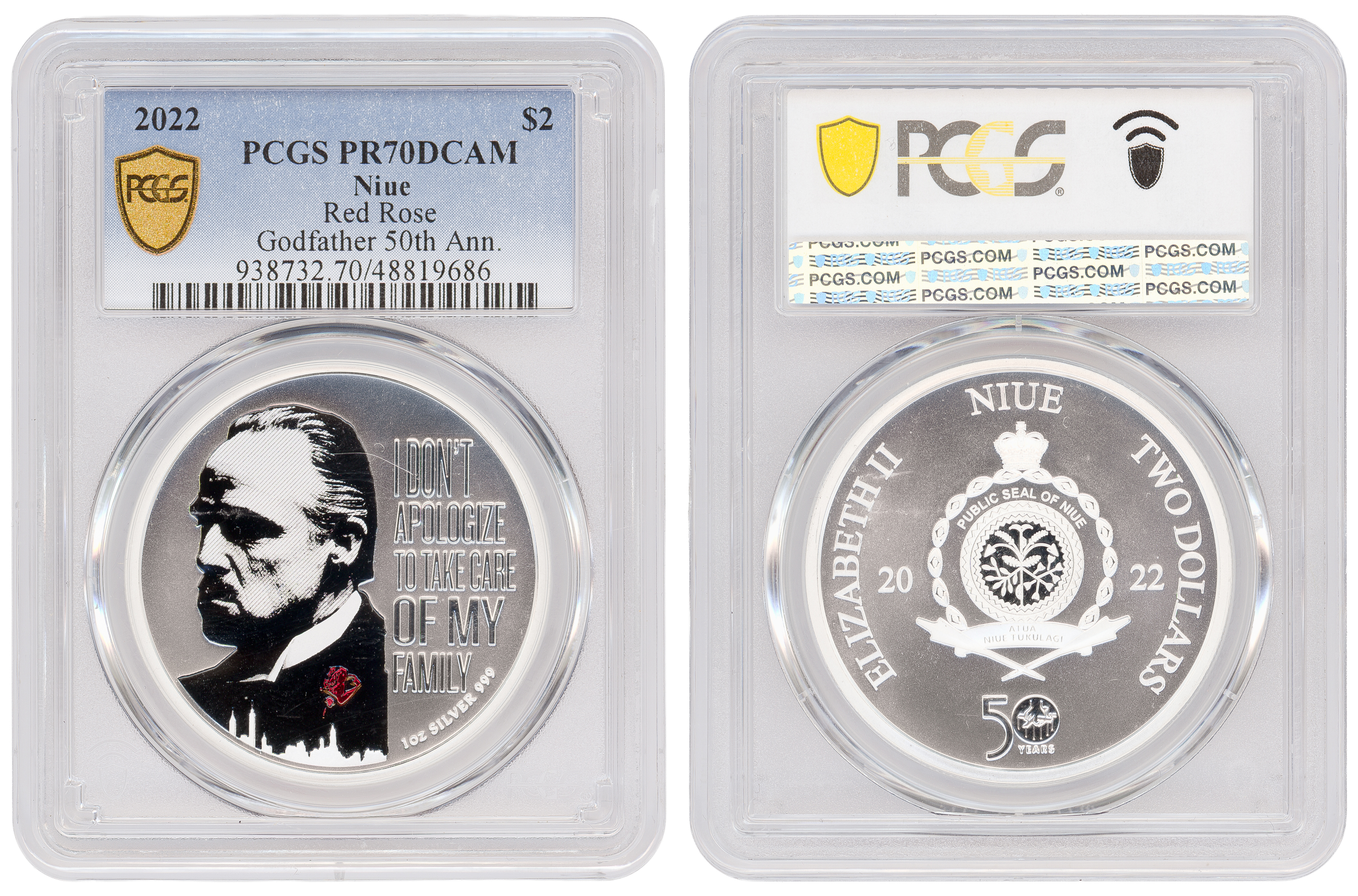 Niue, Red Rose Godfather 50th Ann., Two Dollar, 2022, PCGS PR70DCAM