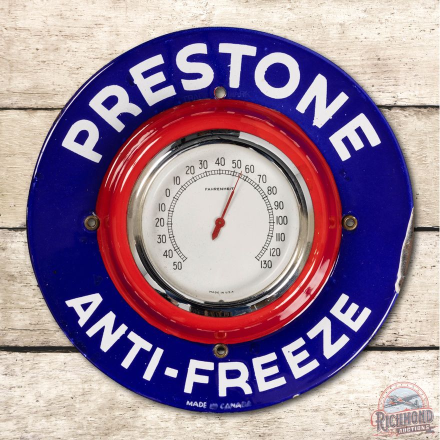 Prestone Anti Freeze Porcelain Canadian Thermometer Sign