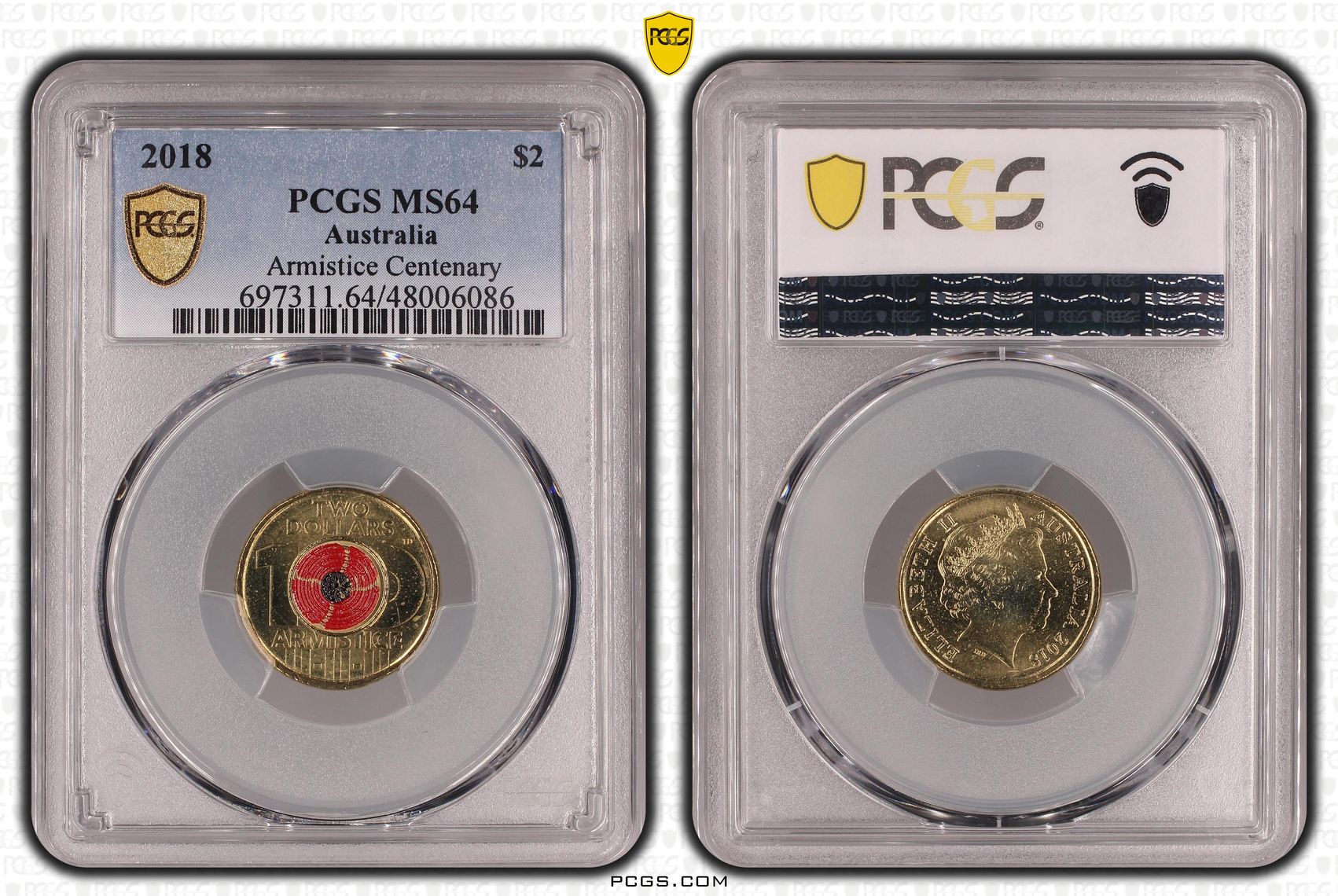 496 · Armistice Centenary Colourised, Two Dollar, 2018, PCGS MS64