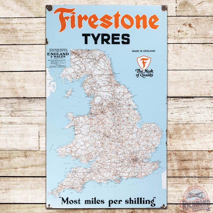 Graphic Firestone Tyres "Most Miles Per Shilling" SS Porcelain Sign