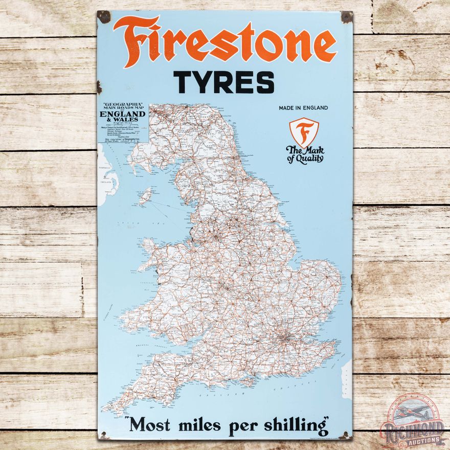 Graphic Firestone Tyres "Most Miles Per Shilling" SS Porcelain Sign