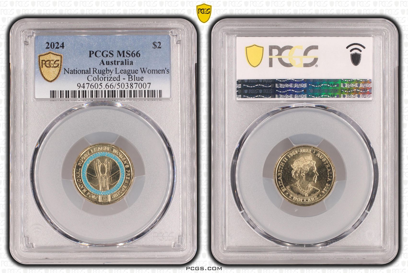 Elizabeth II, National Rugby League Women's Colorized - Blue, Two Dollar, 2024, PCGS MS66