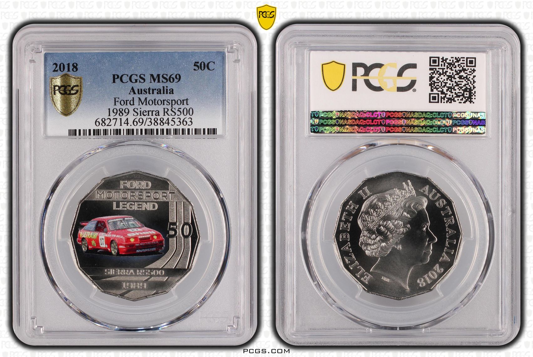 2018 Australia Fifty Cent, 50c Ford Motorsport - 1989 Sierra RS500 PCGS - MS69 -363
