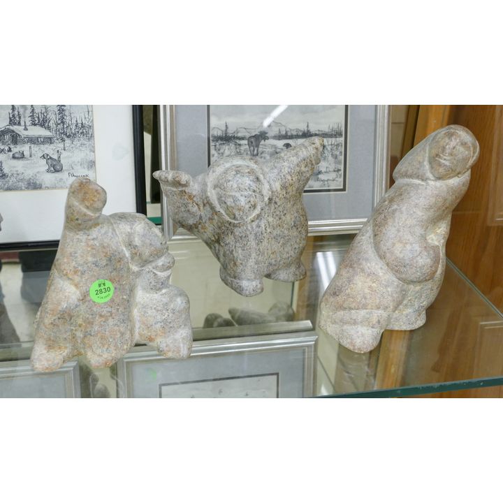 3pc Ed Sugar Eskimo Dancer Soapstone Carvings- 6'' to 7''