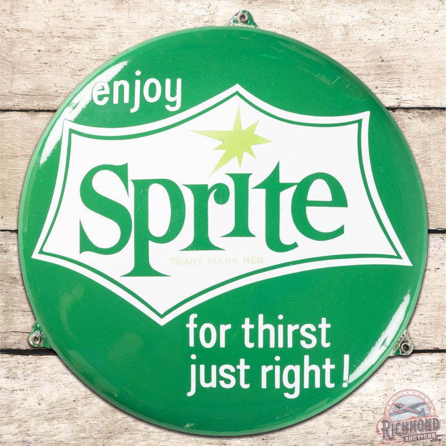 Scarce Enjoy Sprite "For Thirst Just Right!" SS Porcelain Button Sign w/ Logo