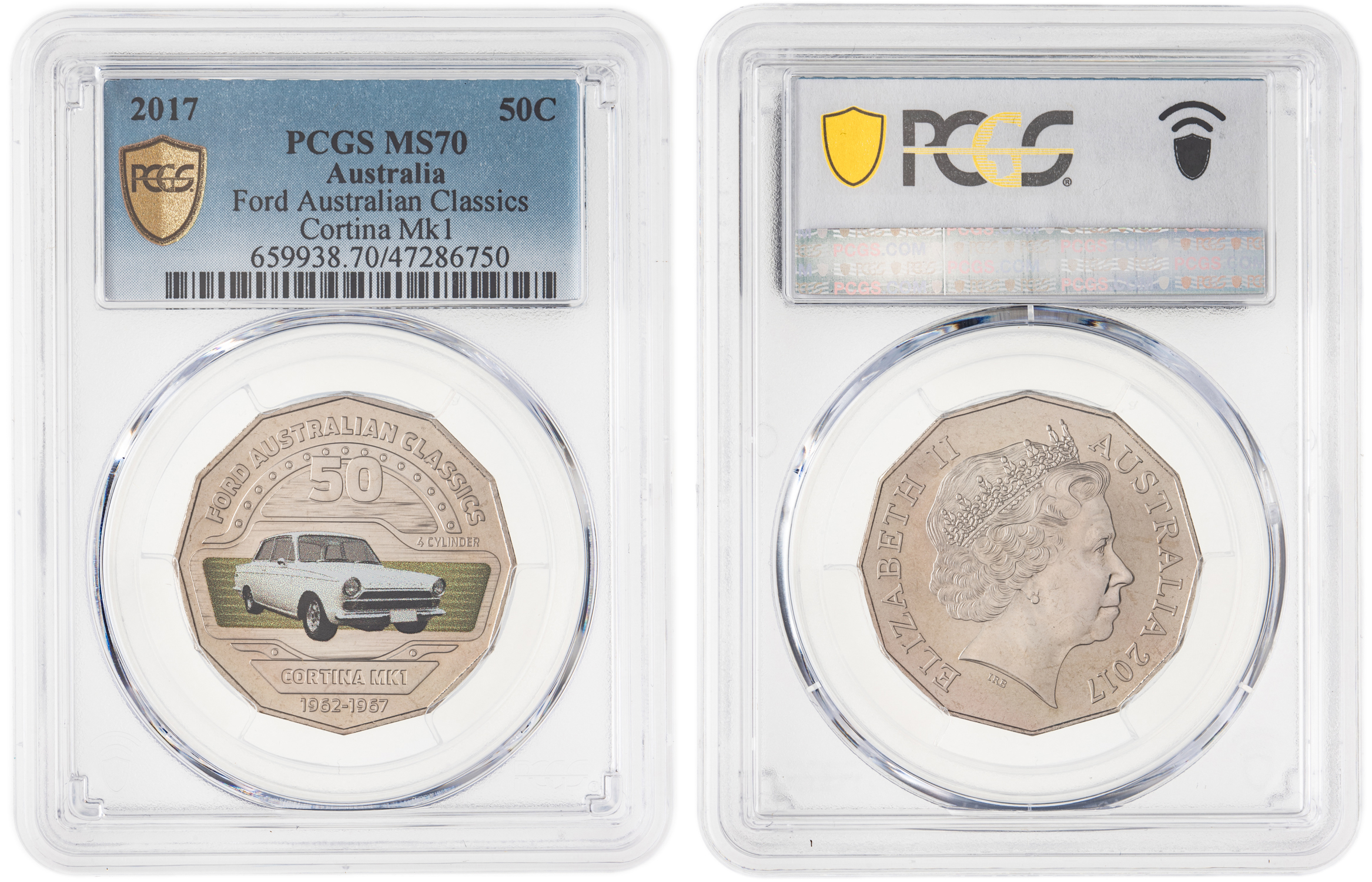 214 · Elizabeth II, Ford Australian Classics - Cortina Mk1, Pop 2/0, Fifty Cent, 2017, PCGS MS70