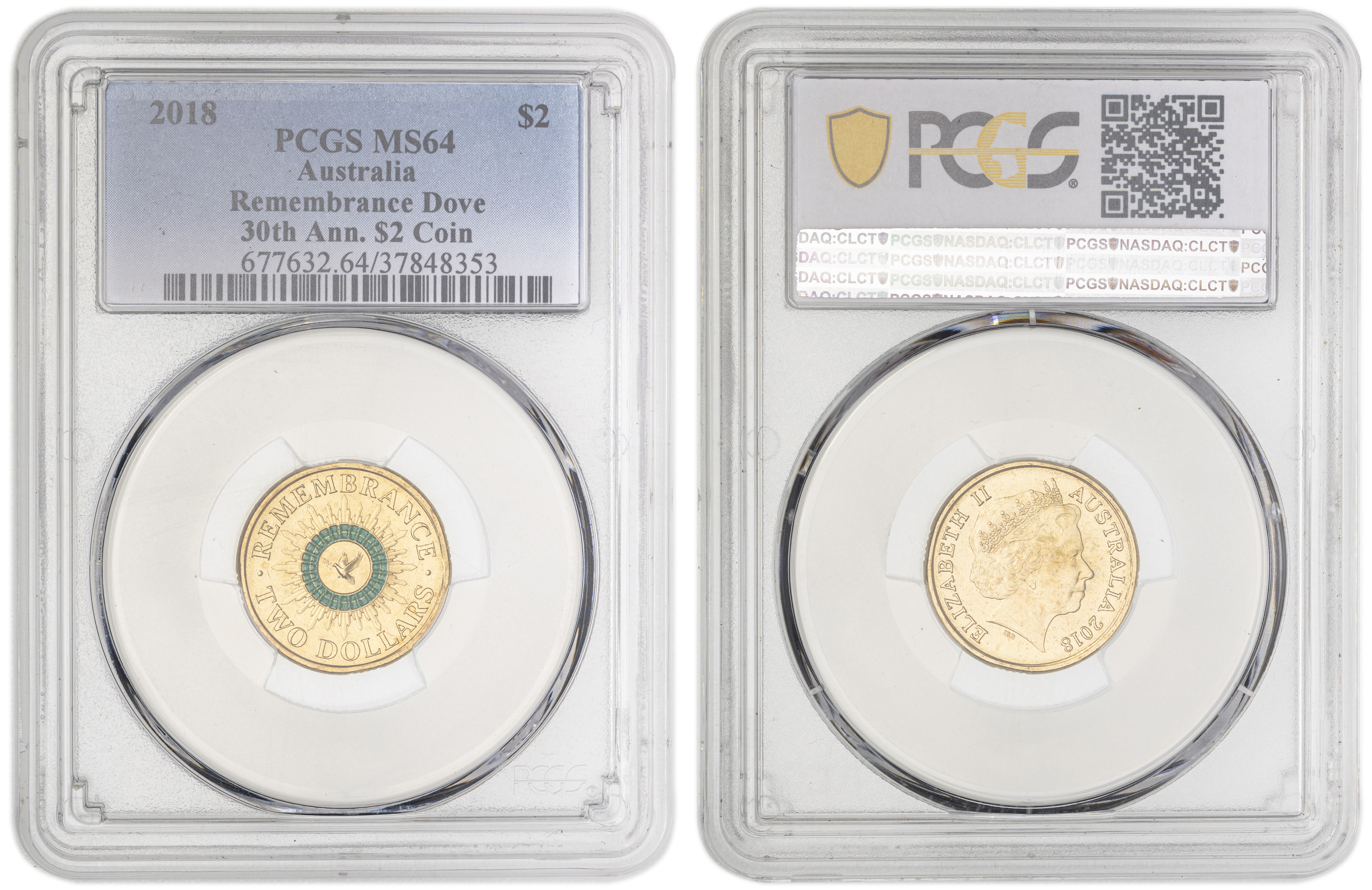 Remembrance Dove Colorized 30th Ann. $2 Coin , Two Dollar, 2018, PCGS MS64