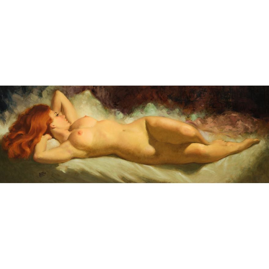 Earl Moran ''Redhead'' (Reclining Nude) Oil