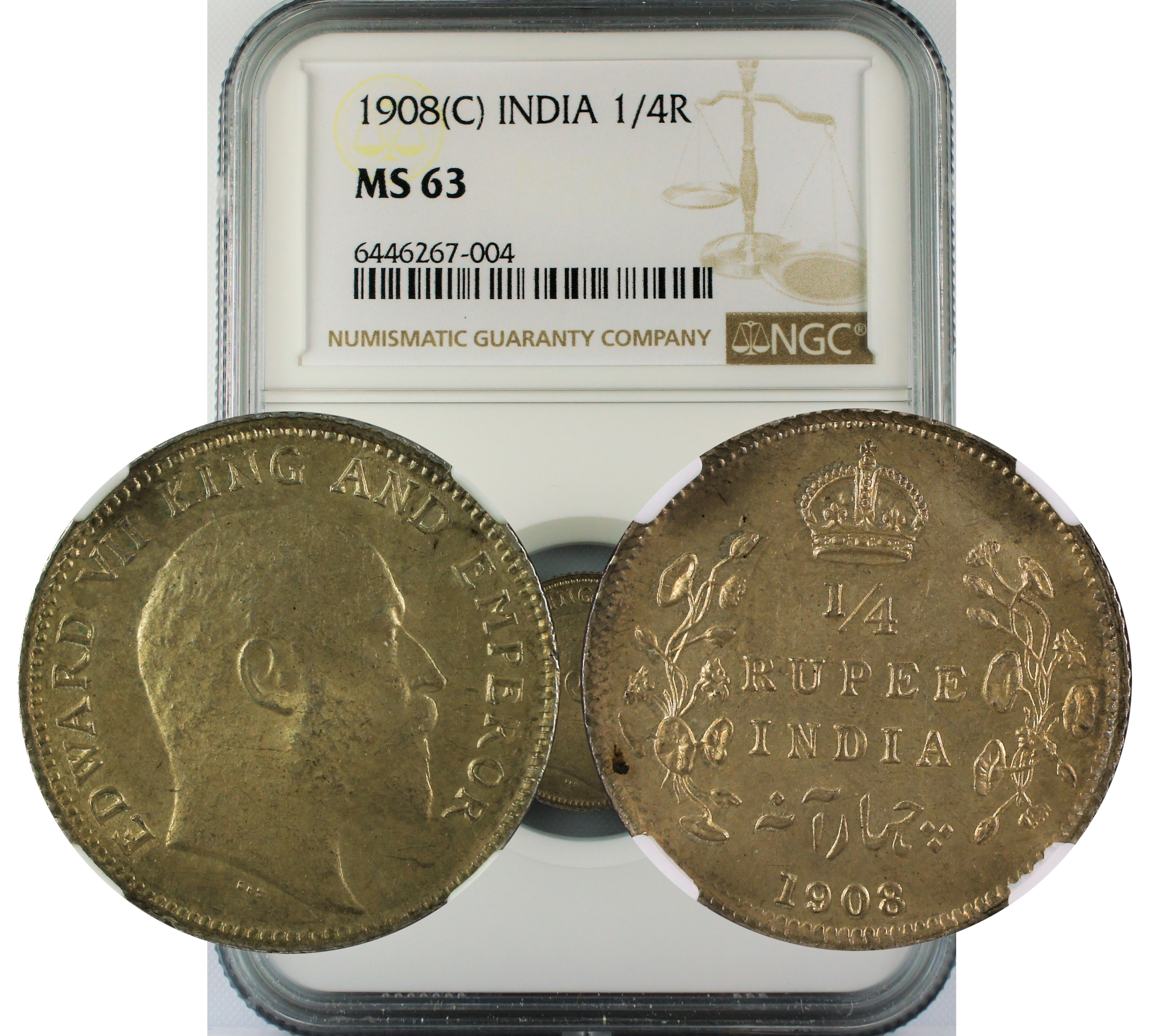 1908 C INDIA 1/4 RUPEE MS63