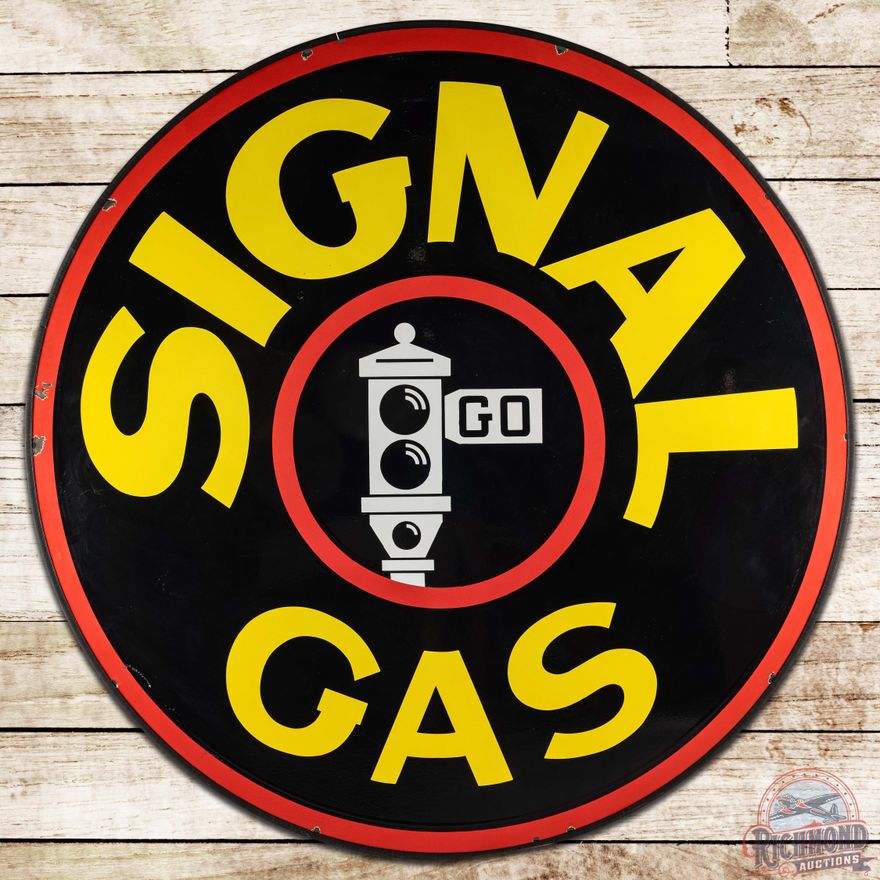 Signal Gasoline 6' DS Porcelain ID Sign w/ Black Stoplight Logo