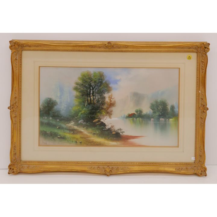 Lake Scene Pastel Illegibly Signed in Gilt Frame- 21x30''