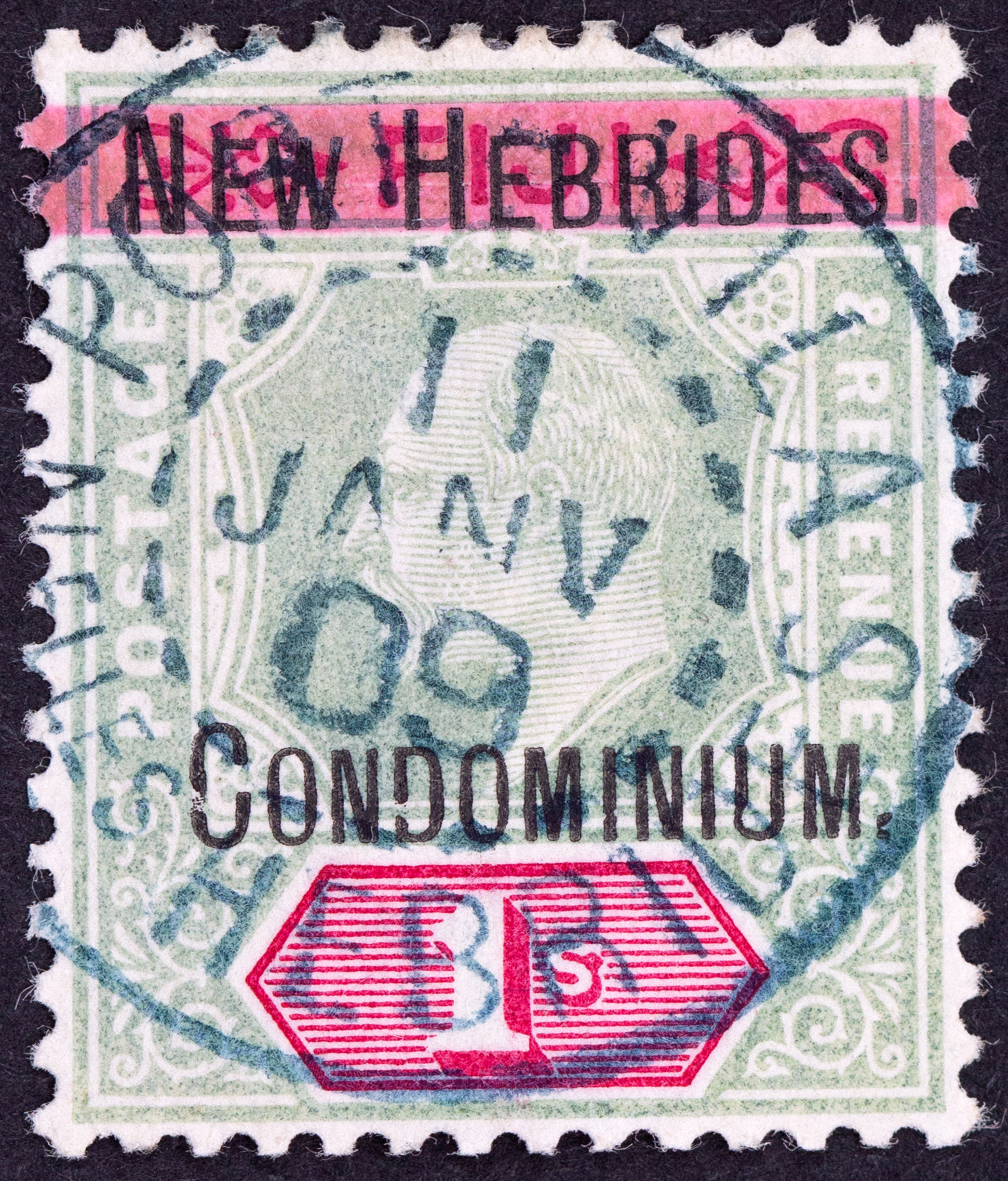 New Hebrides, One Shilling, Green & Carmine, 1908, GU