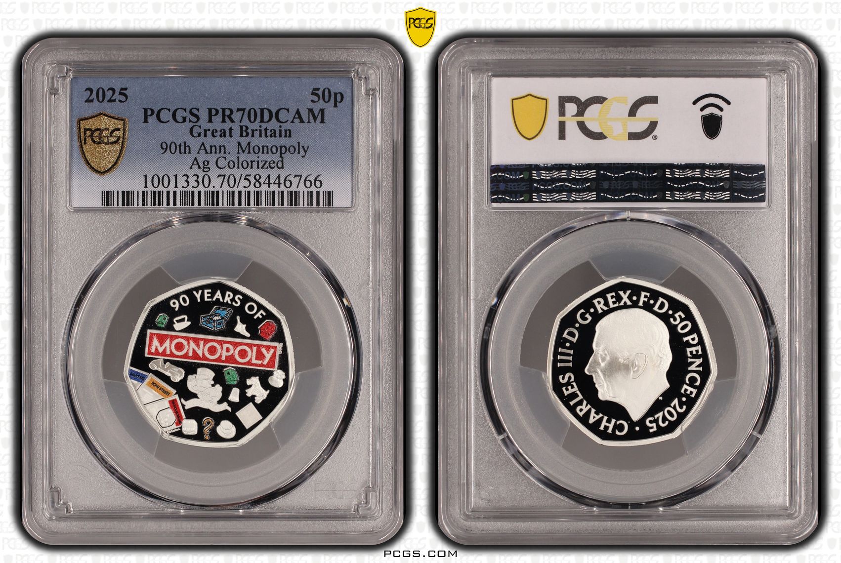 Great Britain, Charles III, 90th Ann. Monopoly Silver Colourised, 2/0, Fifty Pence, 2025, PCGS PR70DCAM