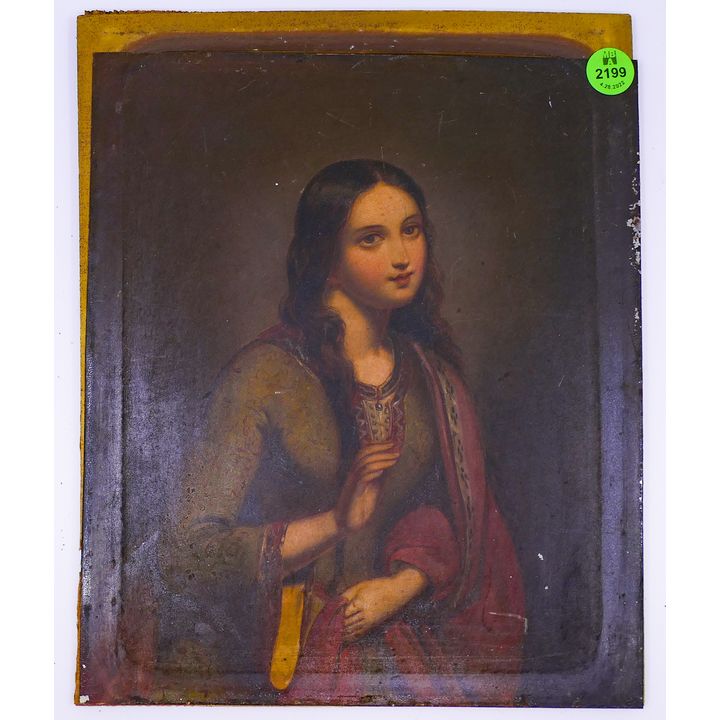 Antique Woman Portrait Oil on Tin- 10x8.5''