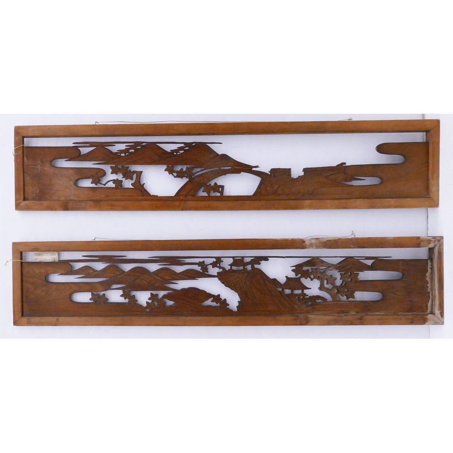 Pair Japanese Ranma Transom Pierced Wooden Panels- (One As Is)- 12x61'' each