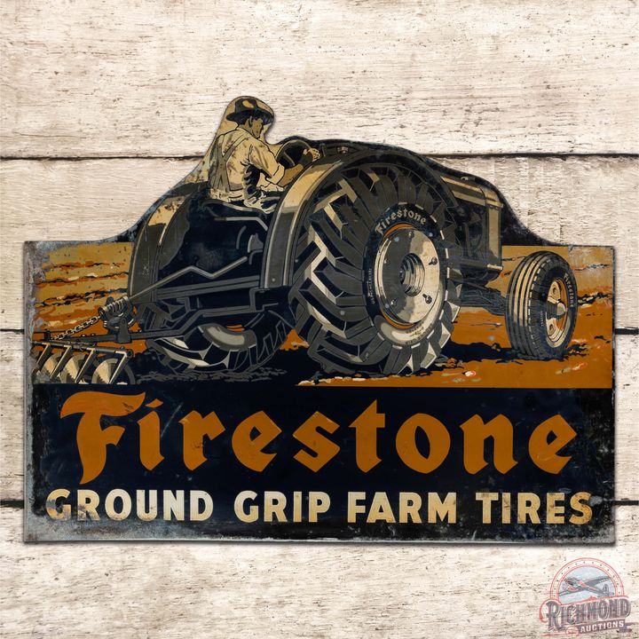Firestone Ground Grip Farm Tires Double Sided Tin Flange Sign w/ Tractor
