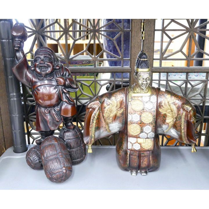 2pc Vintage Japanese Lacquered Bronze Figures- 12.5'' and 15''