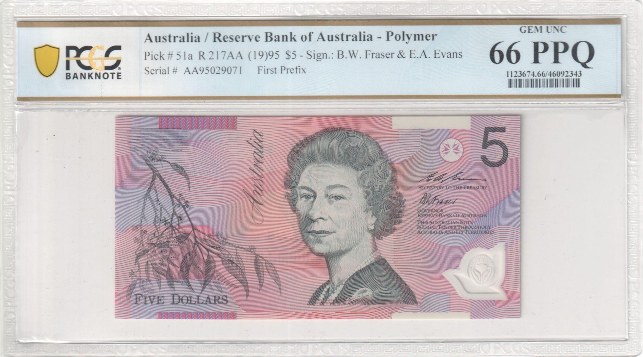 125 · RBA, Polymer, Sign.: B.W. Fraser & E.A. Evans, Lowest Prefix, Five Dollar, 1995, PCGS - Gem UNC 66 PPQ