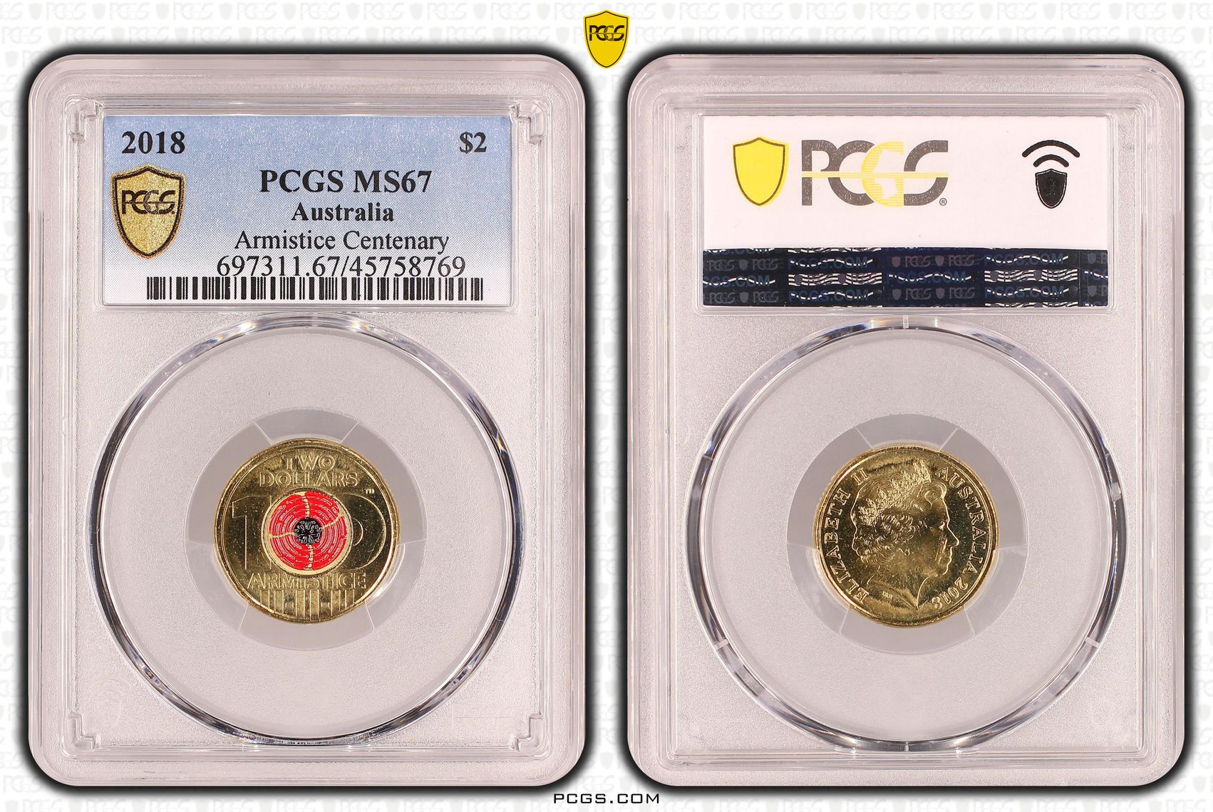 Armistice Centenary Colorized, POP 19/0, Two Dollar, 2018, PCGS MS67