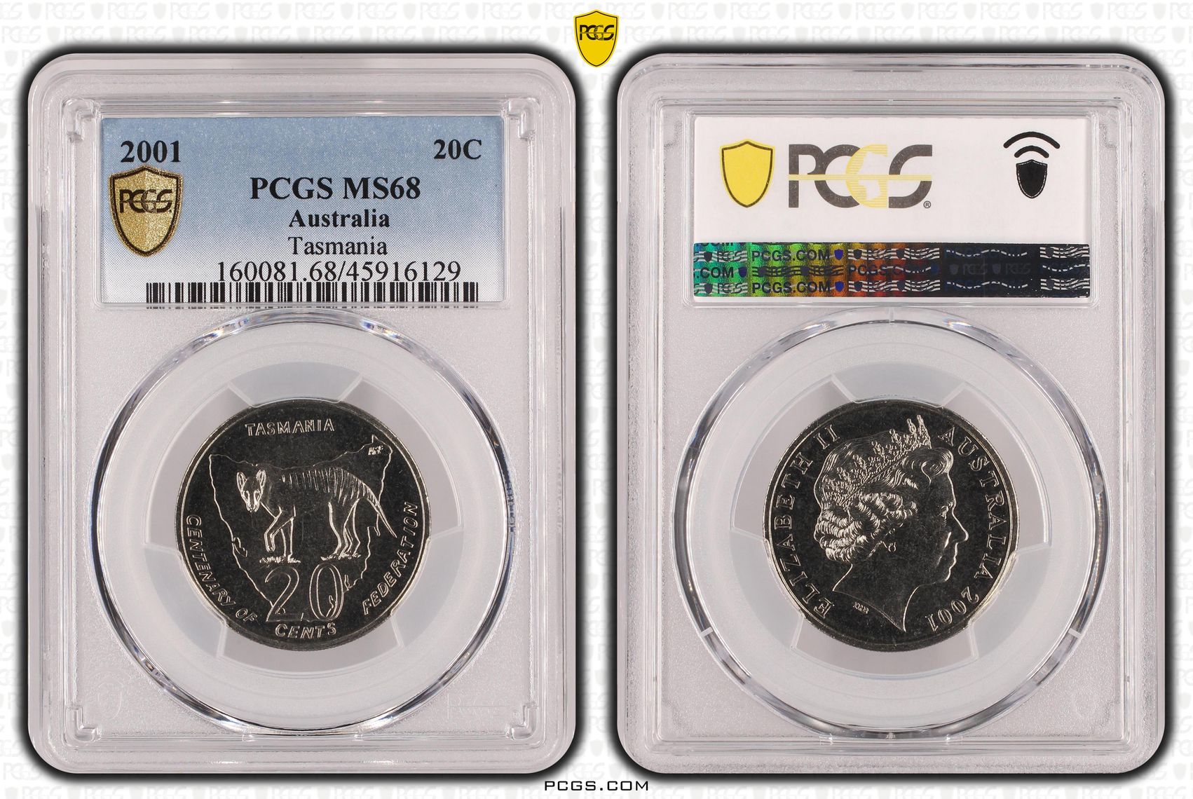 Elizabeth II, Tasmania, POP 23/0, Twenty Cent, 2001, PCGS MS 68