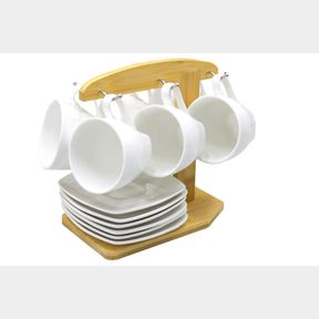 11 Piece Elegant White Ceramic Coffee and Tea Mugs Saucers Bamboo Stand | 4 PLATES CHIPPED/1 CUP DAMAGED