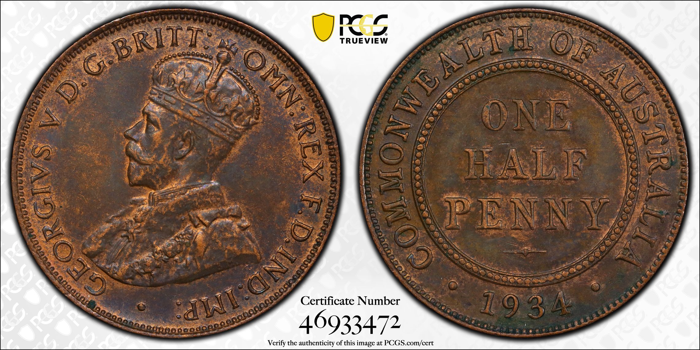 George V, Halfpenny, 1934, PCGS AU58BN