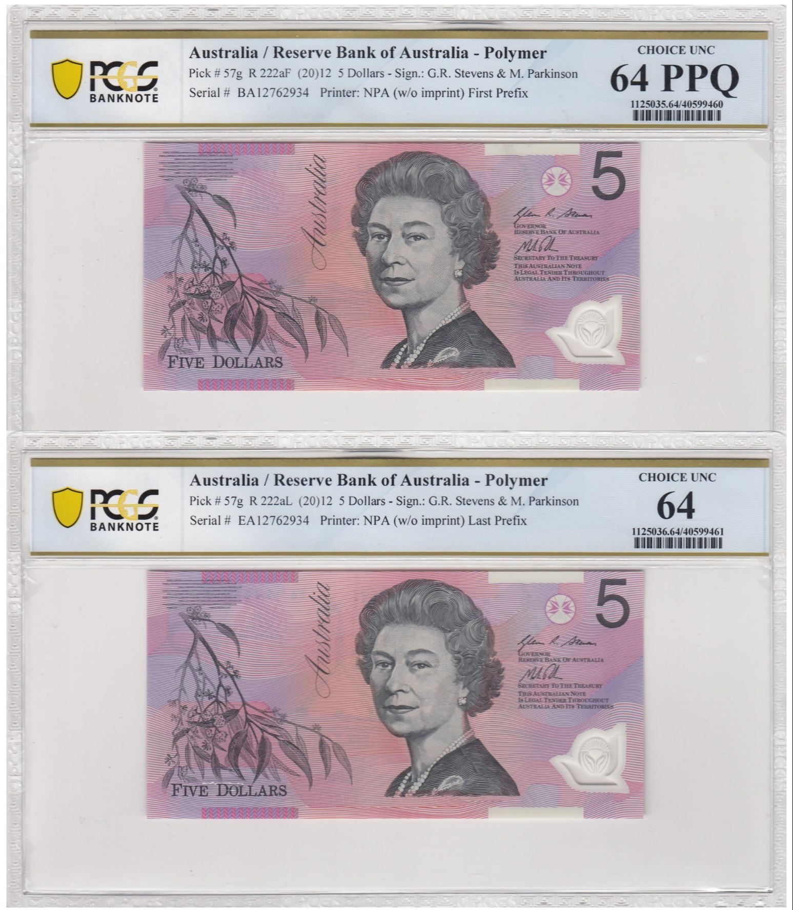 2012 $5 Stevens/Parkinson Choice Unc 64 PPQ Matching Serial Number First & Last Prefix Pair