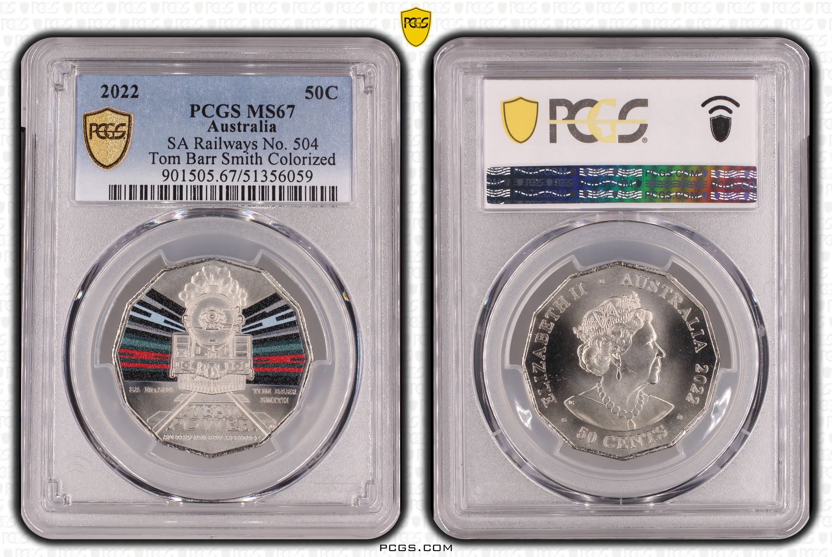 SA Railways No. 504 Tom Barr Smith Colorized, Fifty Cent, 2022, PCGS MS67
