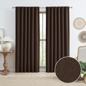 BROWN LINEN BLACKOUT CURTAINS 84 INCH LONG FOR BEDROOM LIVING ROOM, 100% BLACK OUT THERMAL INSULATED CANVAS LOOK CURTAIN DRAPES CH