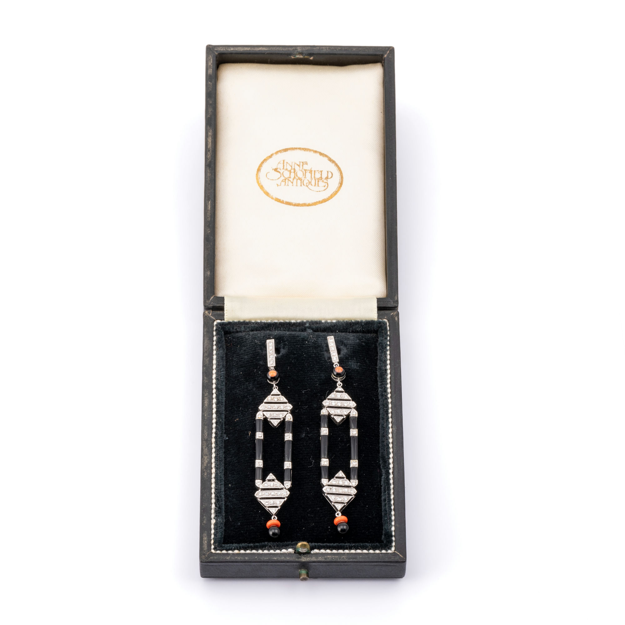 Art Deco Diamond Coral and Onyx Earrings, 1920's