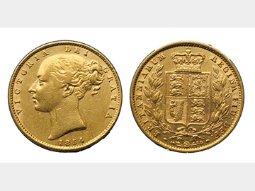 1854 Queen Victoria Young Head London Mint Shield Gold Sovereign.