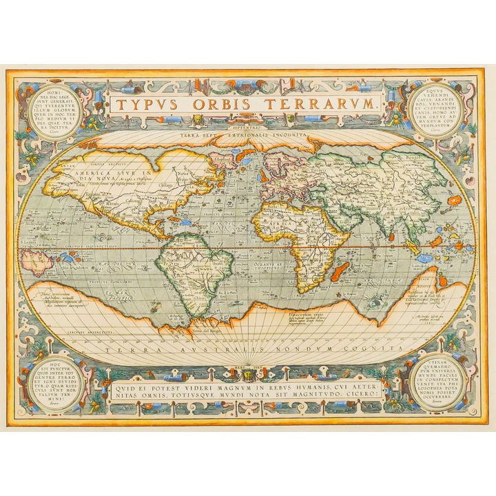 Antique Abraham Ortelius Handcolored Map of the World titled 'Typus Orbis Terrarum', 1587- 21.5x26.5'' board
