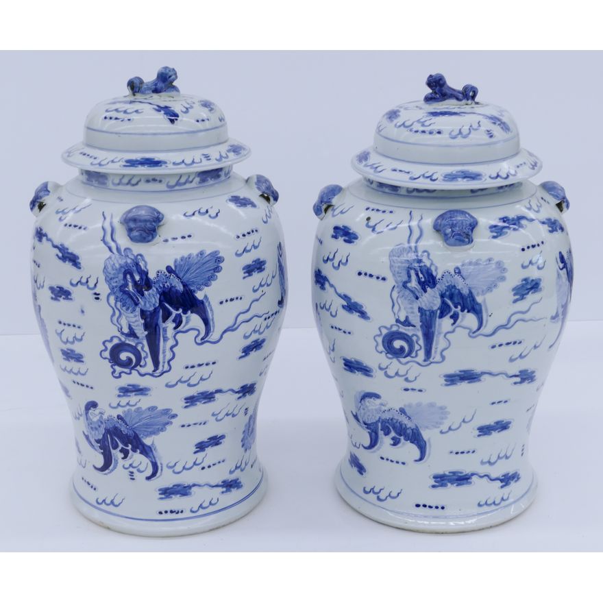 Pair Chinese Qing Blue and White Foo Lion Jars