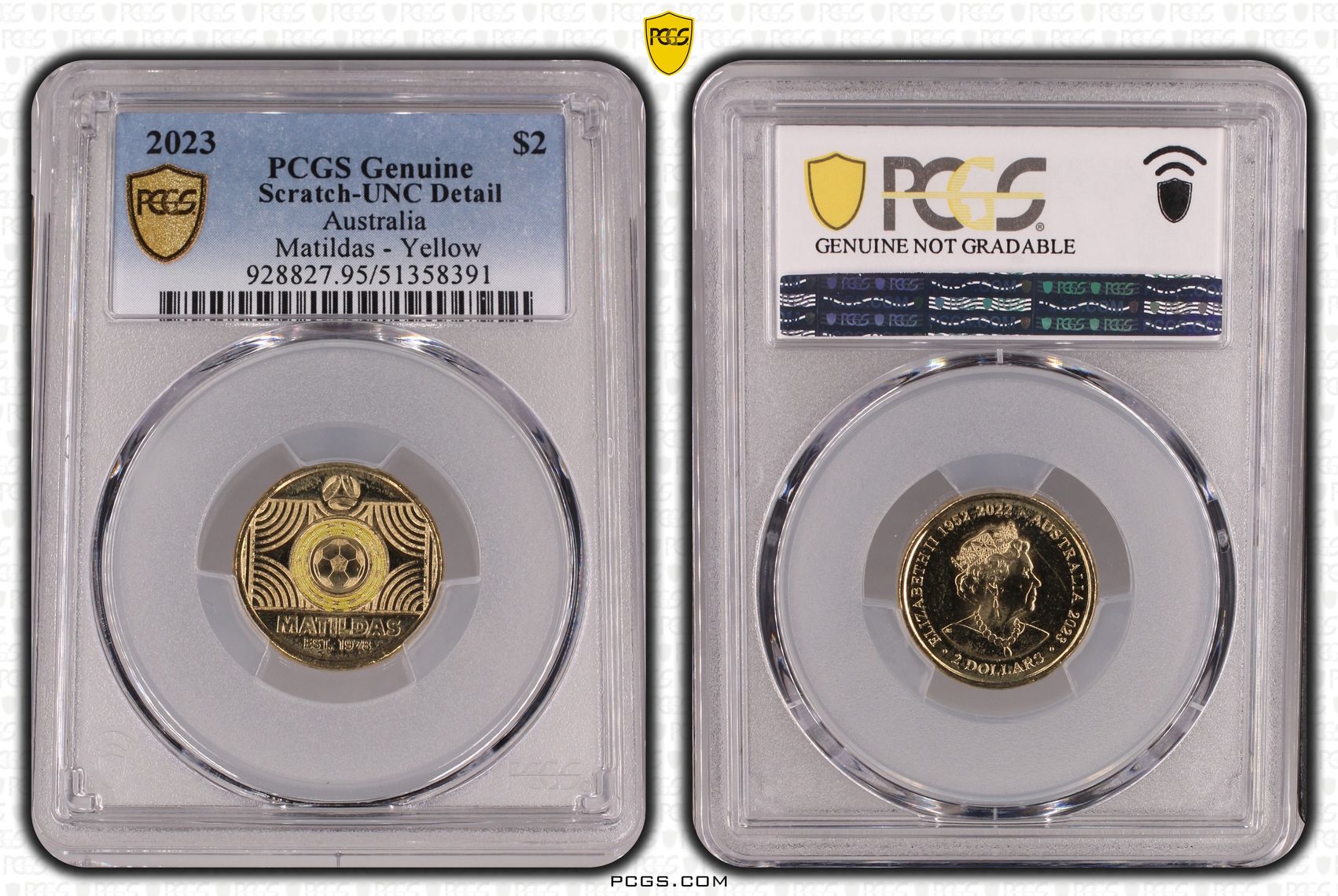 Matildas - Yellow Colorized, Two Dollar, 2023, PCGS Genuine - UNC Details (95 - Scratch)
