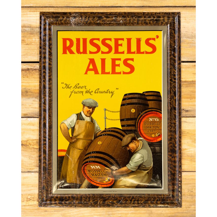 Russell's Ales "The Beer for the Country" Single Sided Tin Self Framed Metal Sign TAC 8