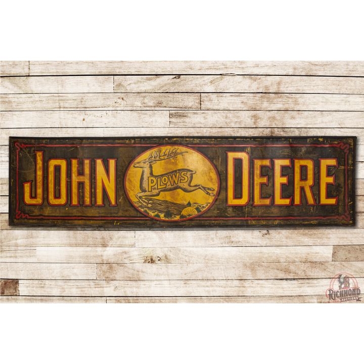 Rare 12' John Deere Plows 4 Legged Deer Single Sided Smaltz Metal Sign & Original Frame