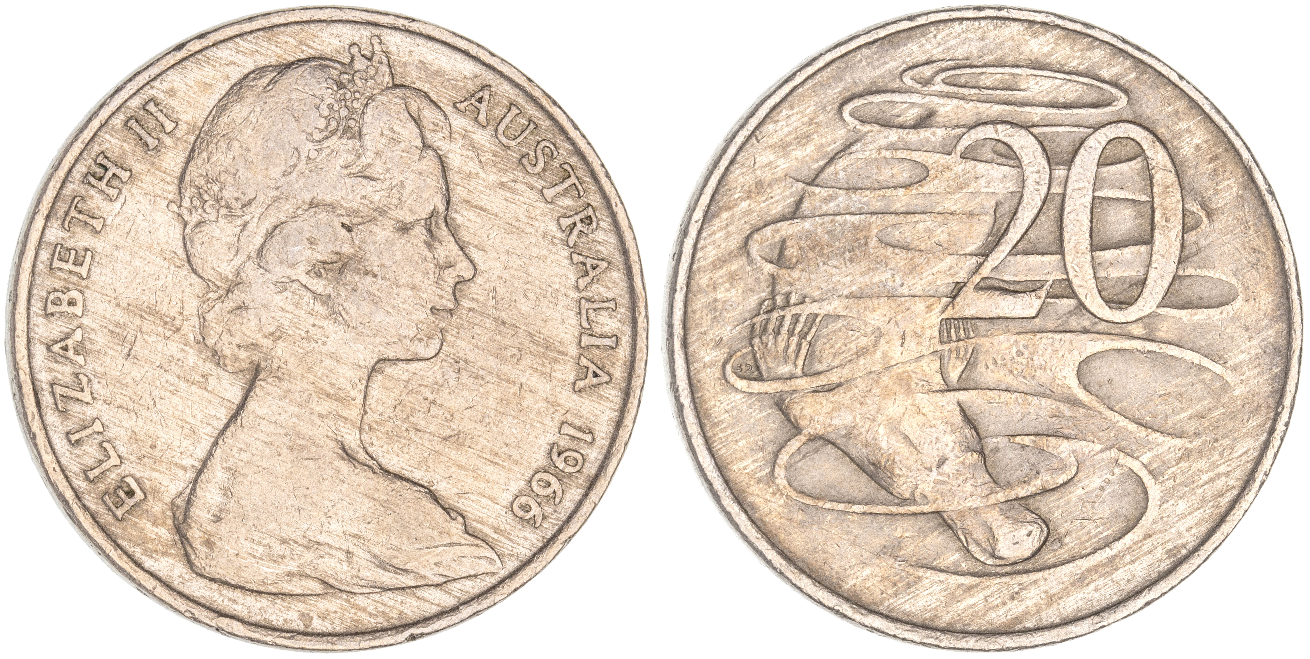 Elizabeth II, Twenty Cents, 1966, VG - Fine