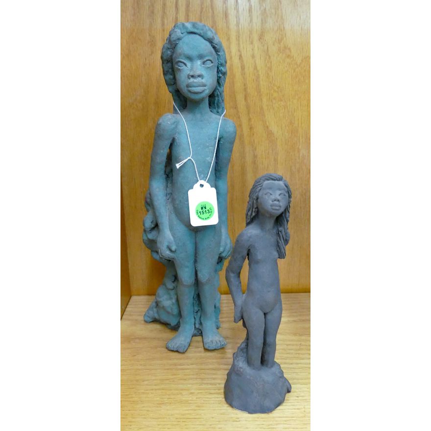 2pc Franck Fay Tahitian Pottery Girl Sculptures 8'' and 13''